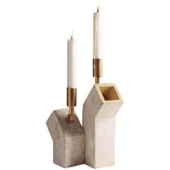 'Conduit' Brutalist White Ceramic and Brass Candlesticks, Pair