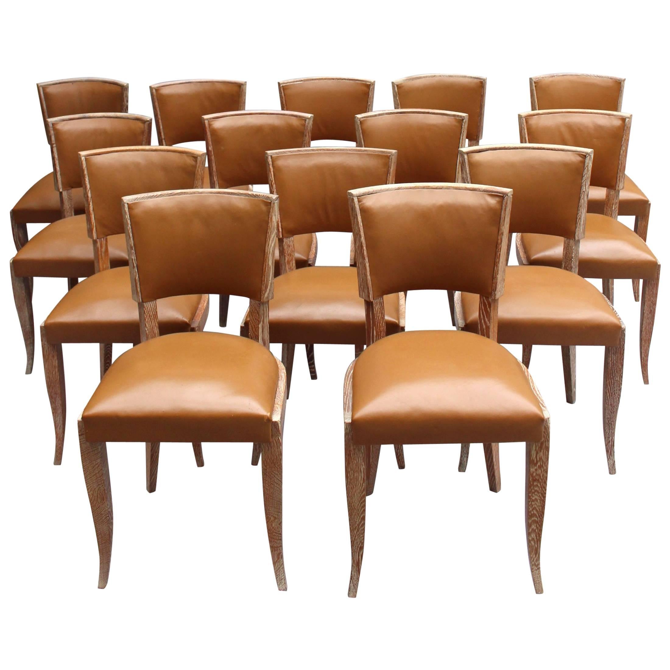 Set of 14 Fine French Art Deco Cerused Oak Dining Chairs