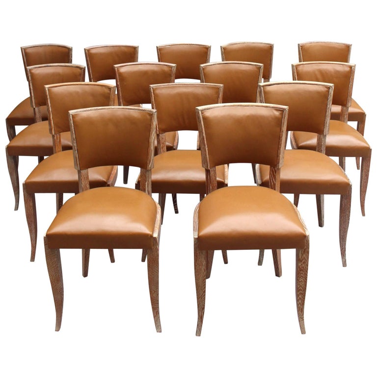 Set of 14 Fine French Art Deco Cerused Oak Dining Chairs at 1stDibs