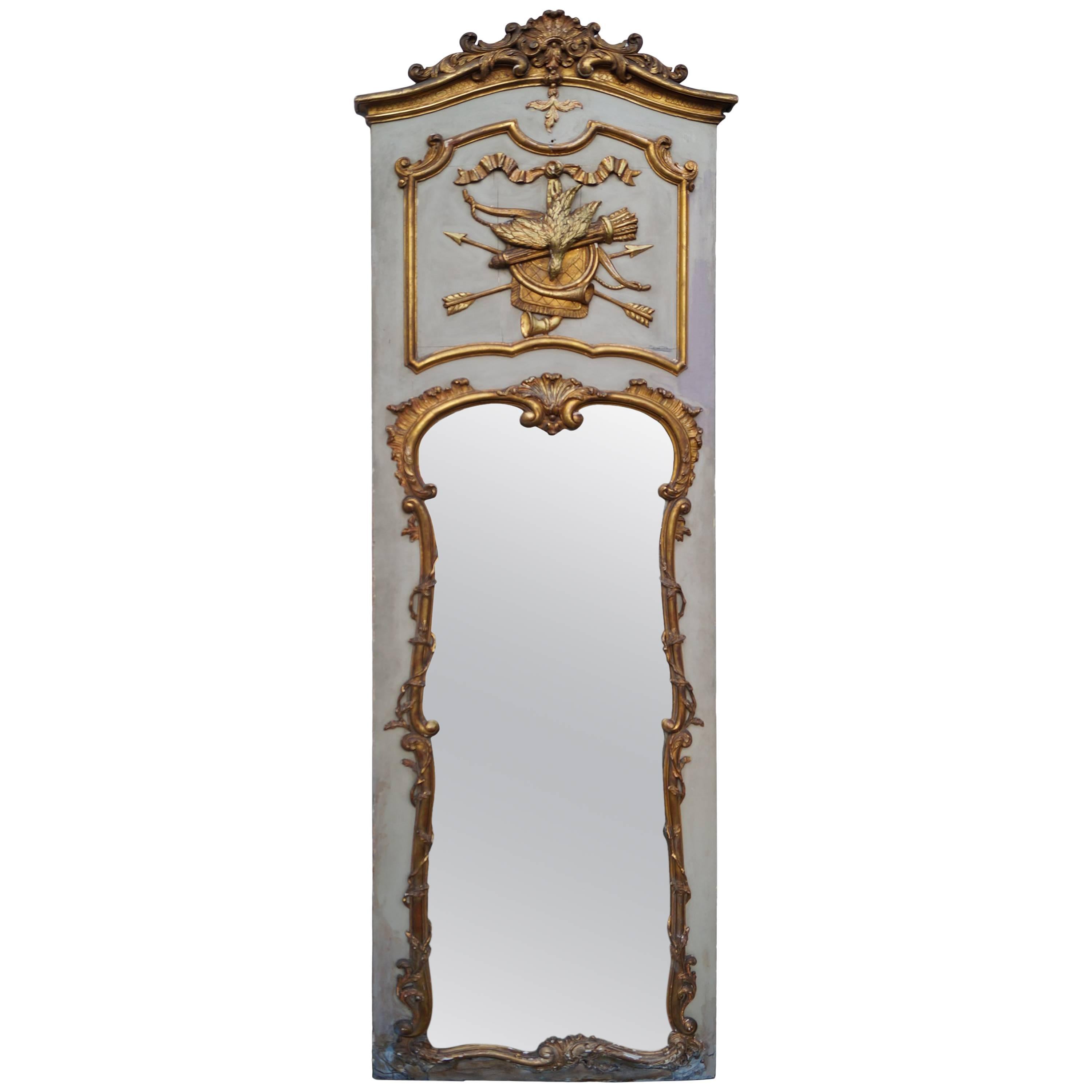 Rococo Mirror Hand-Carved and Gilded, Trumeau or over Mantel with Hunting Decor