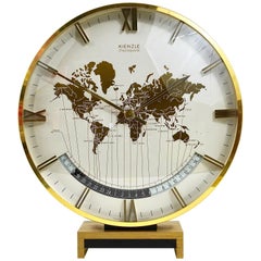 Vintage Large Midcentury Kienzle GMT World Time Zone Brass Table Clock, Germany, 1960s