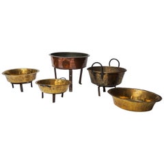Set of Five Large Copper and Brass Jam or Confiture Pans