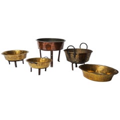 Used Set of Five Large Copper and Brass Jam or Confiture Pans