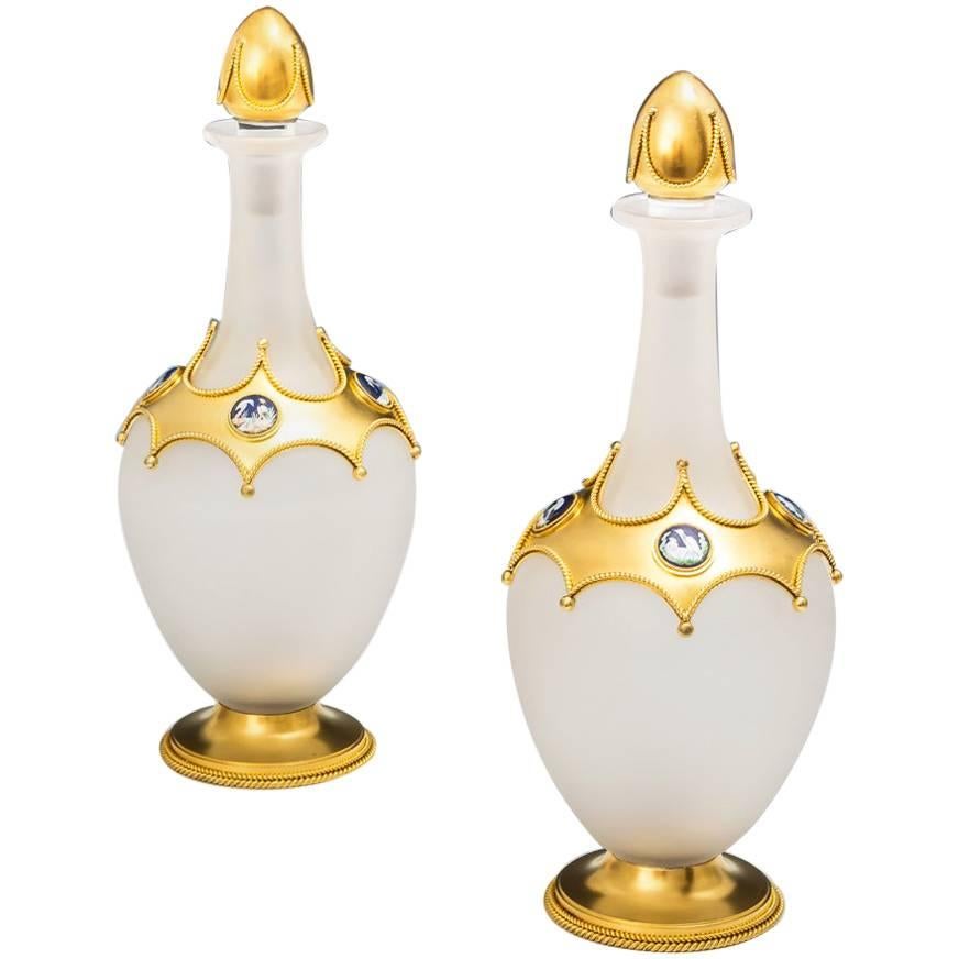 Exceptional Pair of Opaque Glass Ormolu Mounted Decanters by Leuchars For Sale