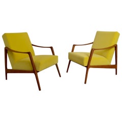 Pair of Teak Armchairs with Yellow Fabric, Denmark, circa 1958