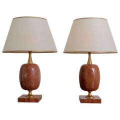 Pair of Rose Marble Table Lamps, France, circa 1960