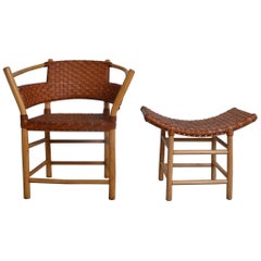 Bamboo and Saddle Leather Chair and Stool, Sweden, 1970 Bamboo and Saddle Leather Chair and Stool, Sweden, 1970