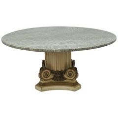 Green Marble Top Fluted Wood Corinthian Column Pedestal Base Round Coffee Table