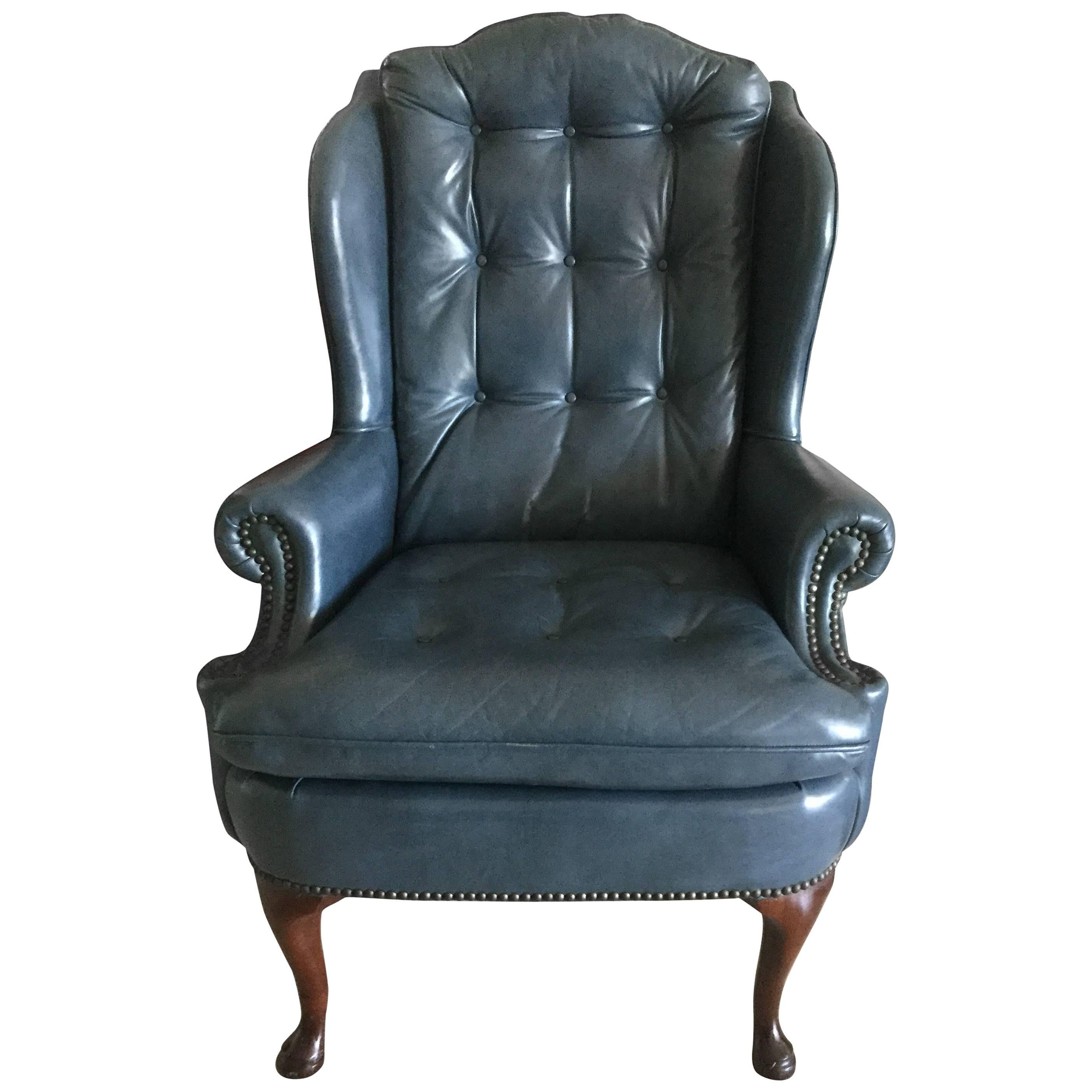 Handsome Steel Blue Leather Wing Chair