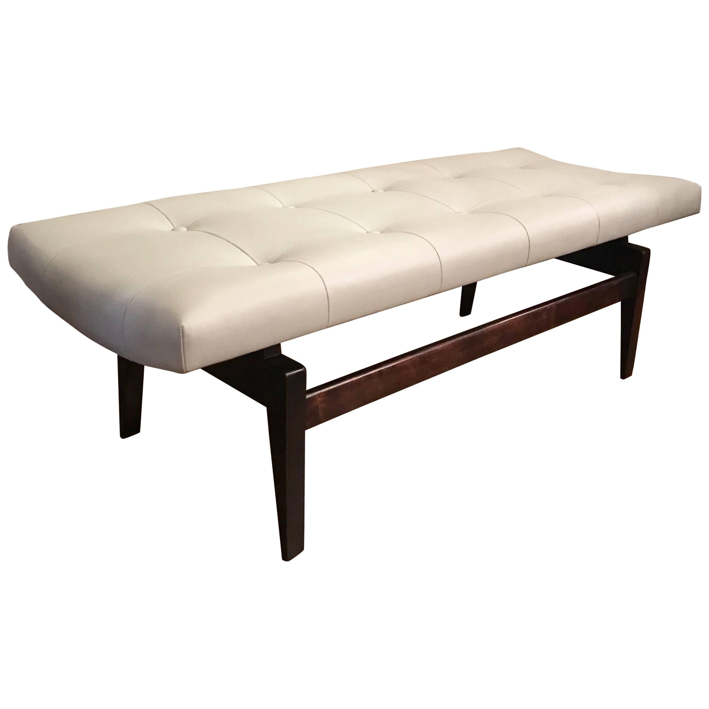 Jens Risom Floating Walnut and Leather Upholstered Bench