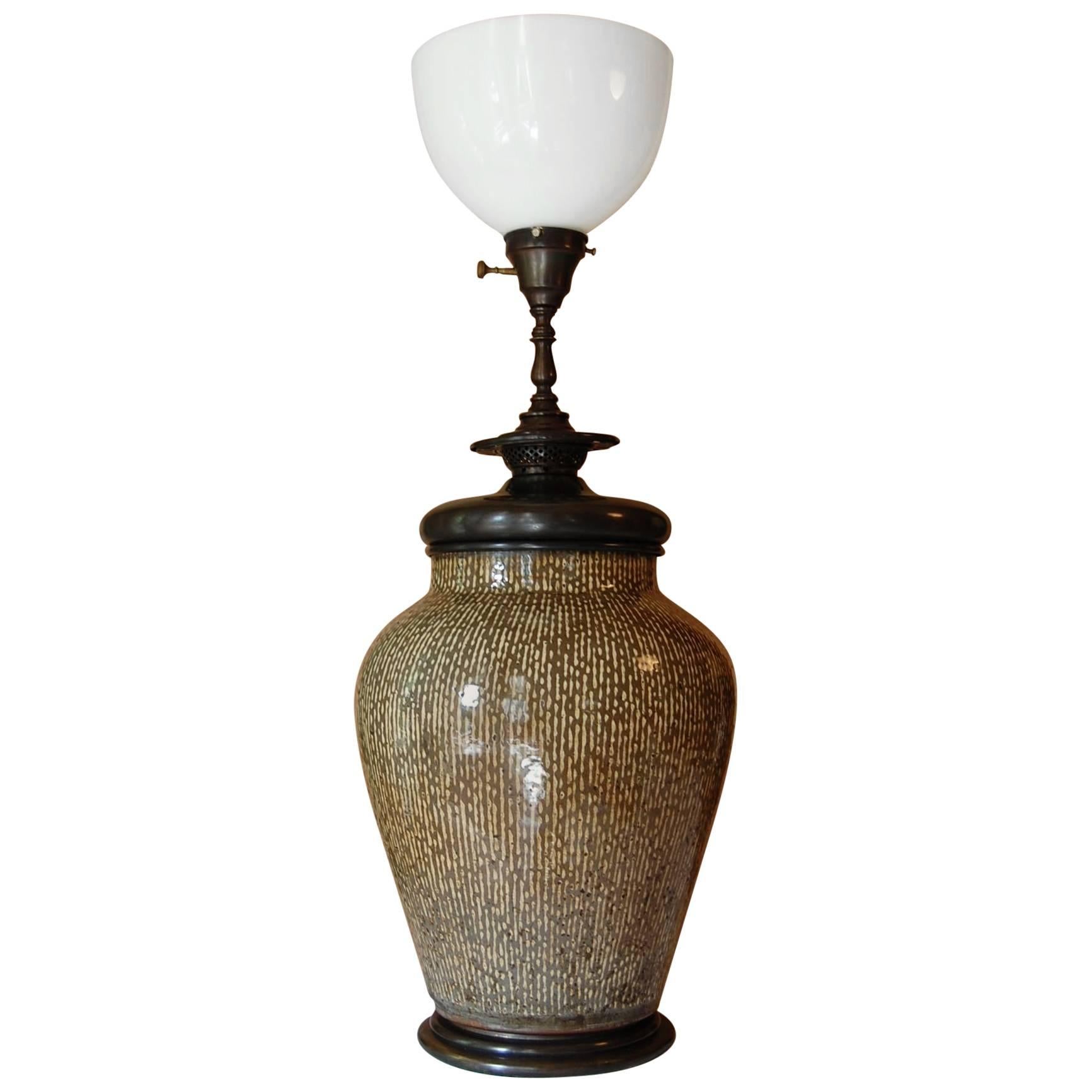 Asian Urn Wired as a Lamp with Bronze Base and Mounts, circa 1900