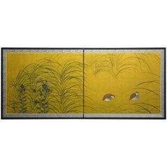 Japanese Two-Panel Autumn Quail and Flora Gilt Screen