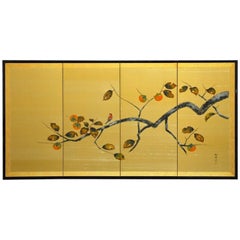 Vintage Japanese Four-Panel Persimmon Branch Folding Screen