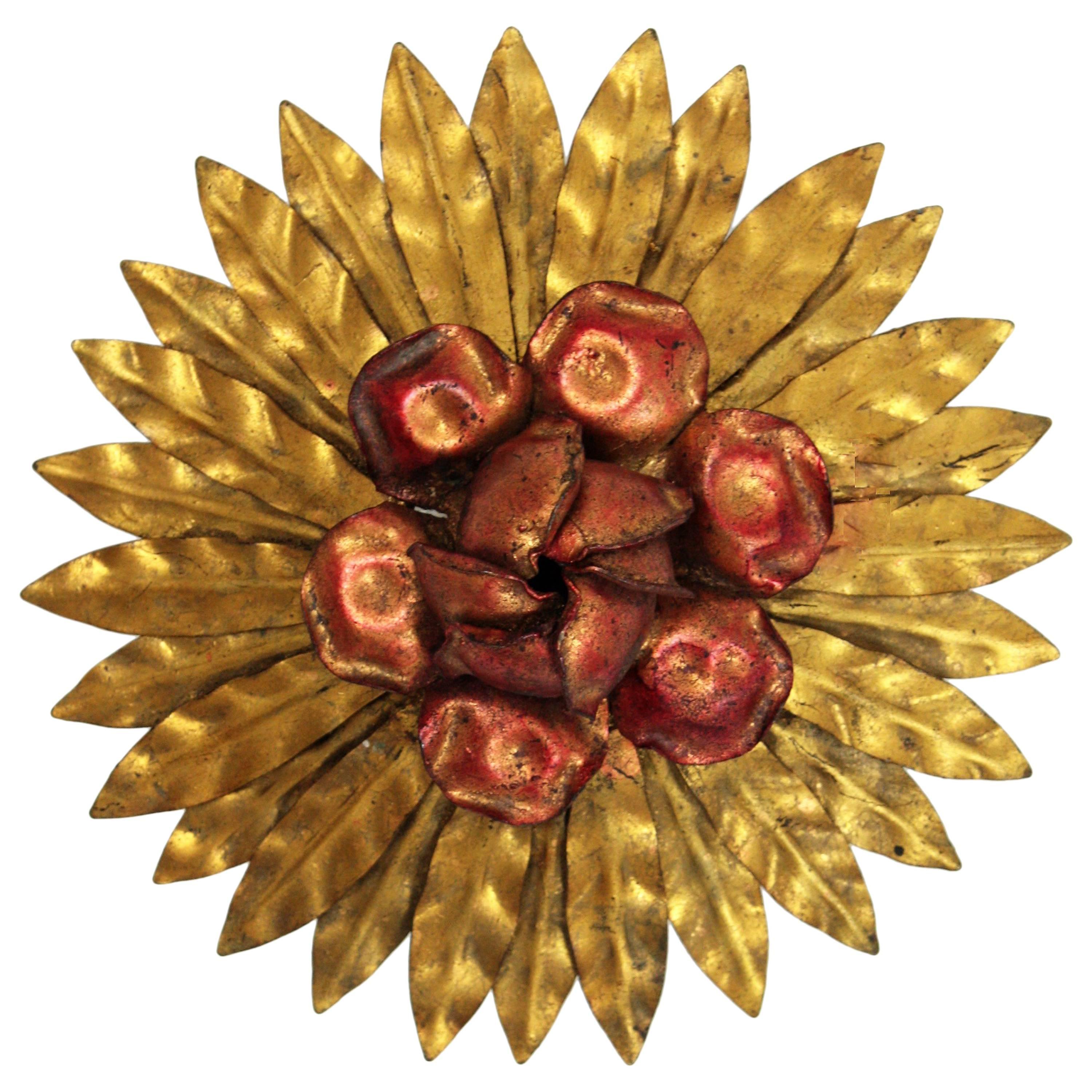 Unusual Spanish, 1950s Rose Gilt Iron Sunburst Light Fixture Miniature