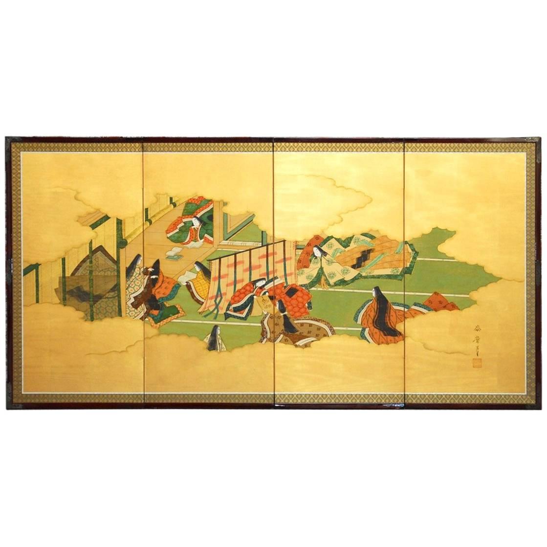 Japanese Four-Panel "Tales of Genji" Folding Byobu Screen