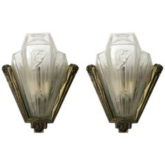 Pair of French Art Deco Geometric Sconces Signed by Gilles