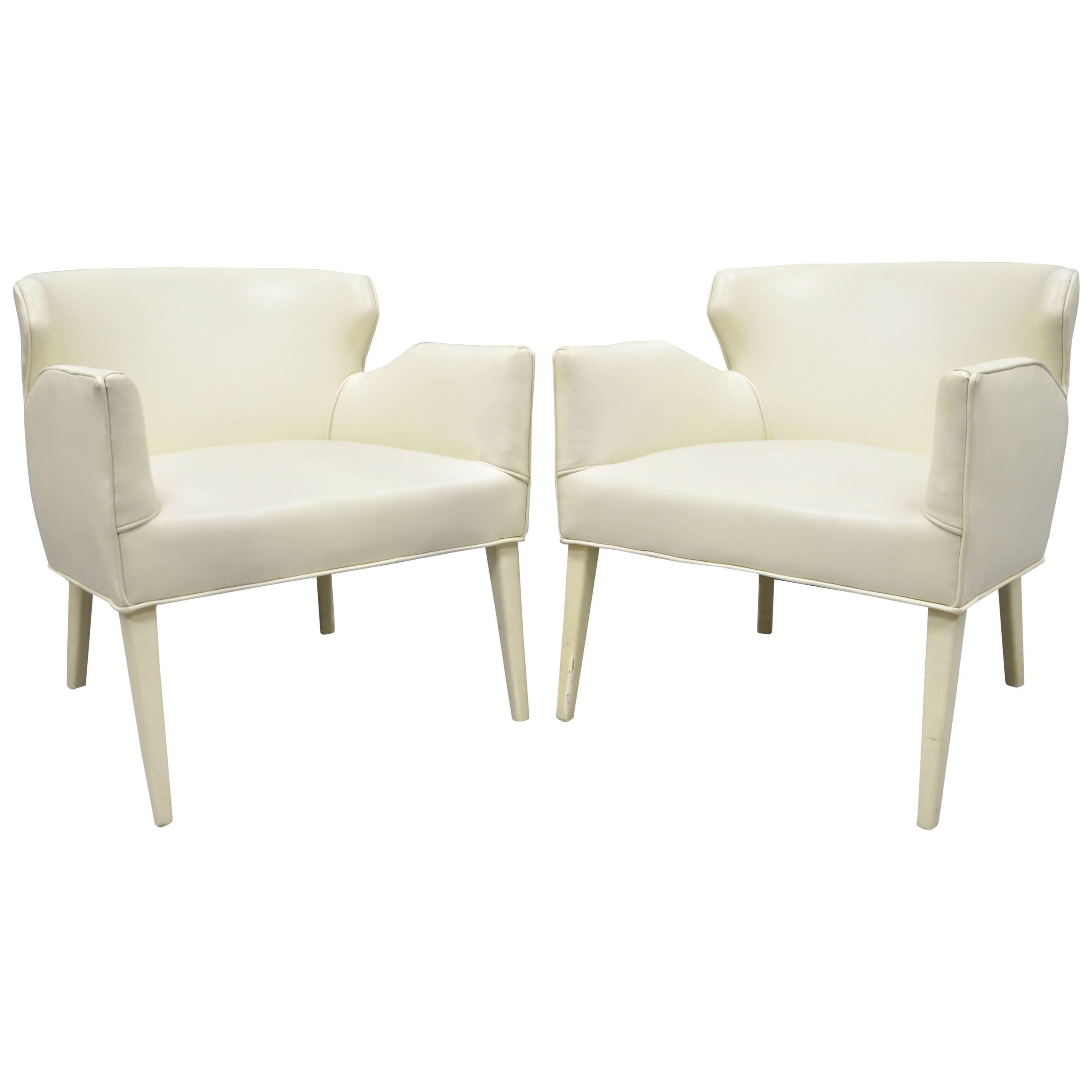 Pair of Barrel Back Sculptural Off-White Vinyl Lounge Chairs After Paul McCobb