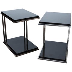 Pair of Ebony Lacquer and Chrome Two-Tiered End Tables