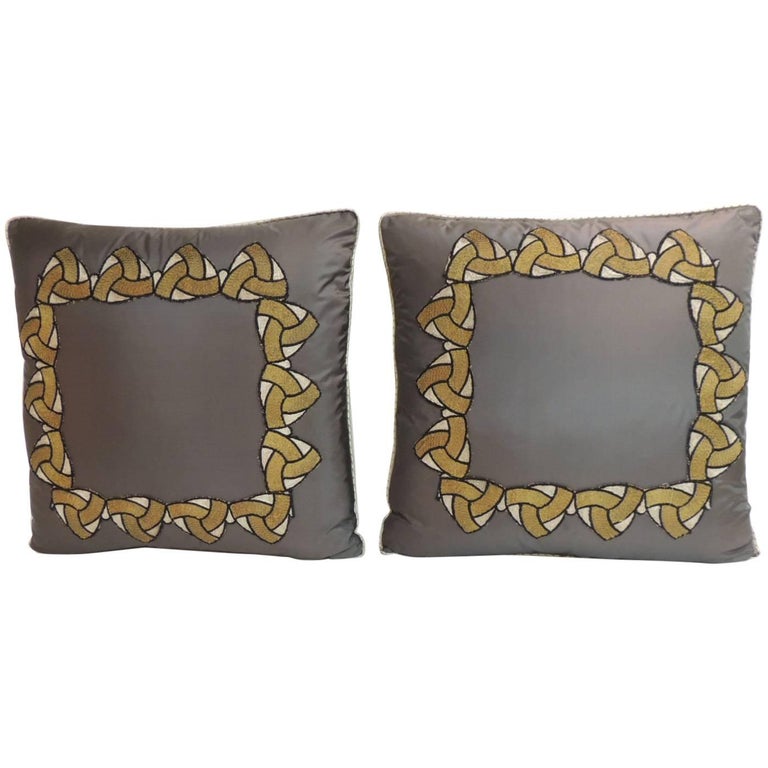 Pair of Silk Dark Grey Applique Decorative Deco Pillows For Sale at 1stdibs