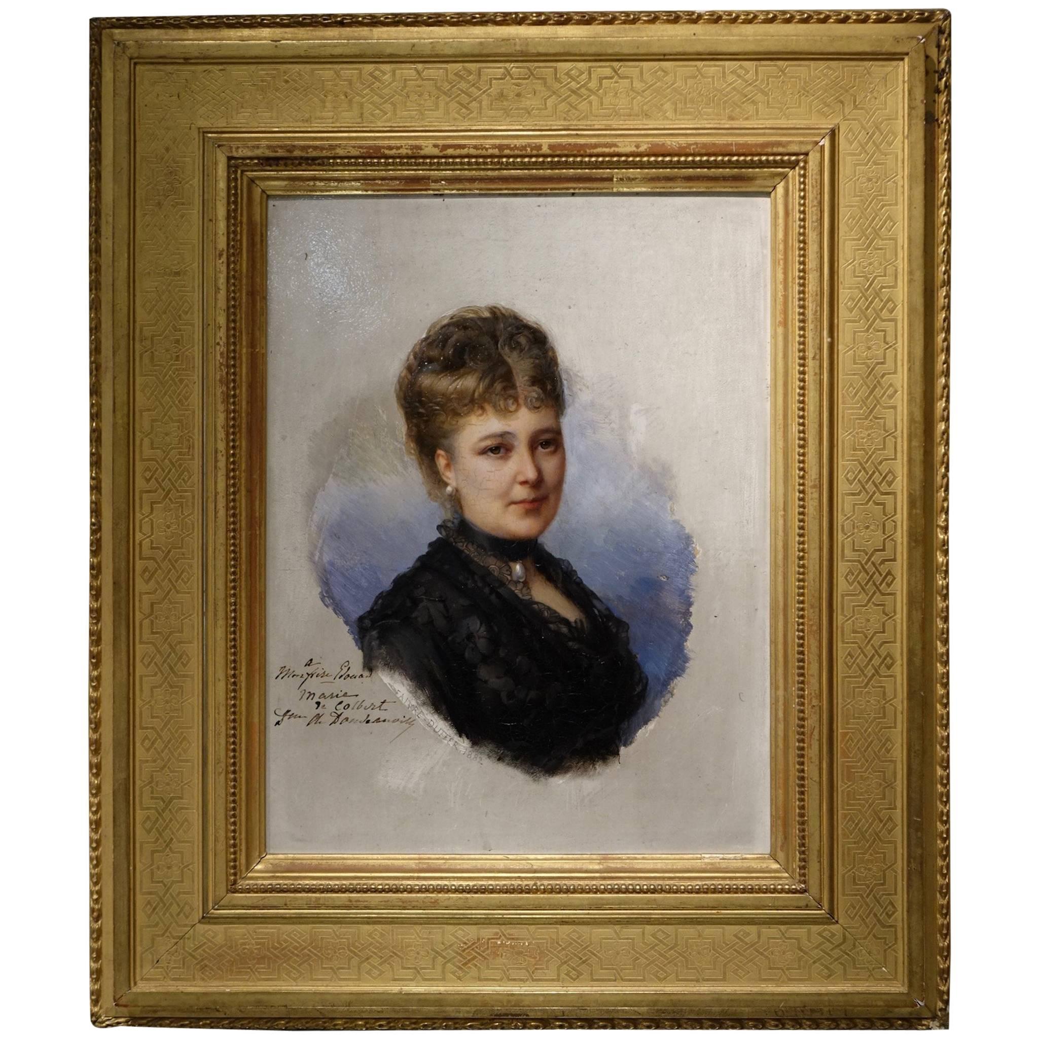 Portrait of Marie De Colbert, Oil on Mahogany Panel Signed Faivre-Duffer, 1882 