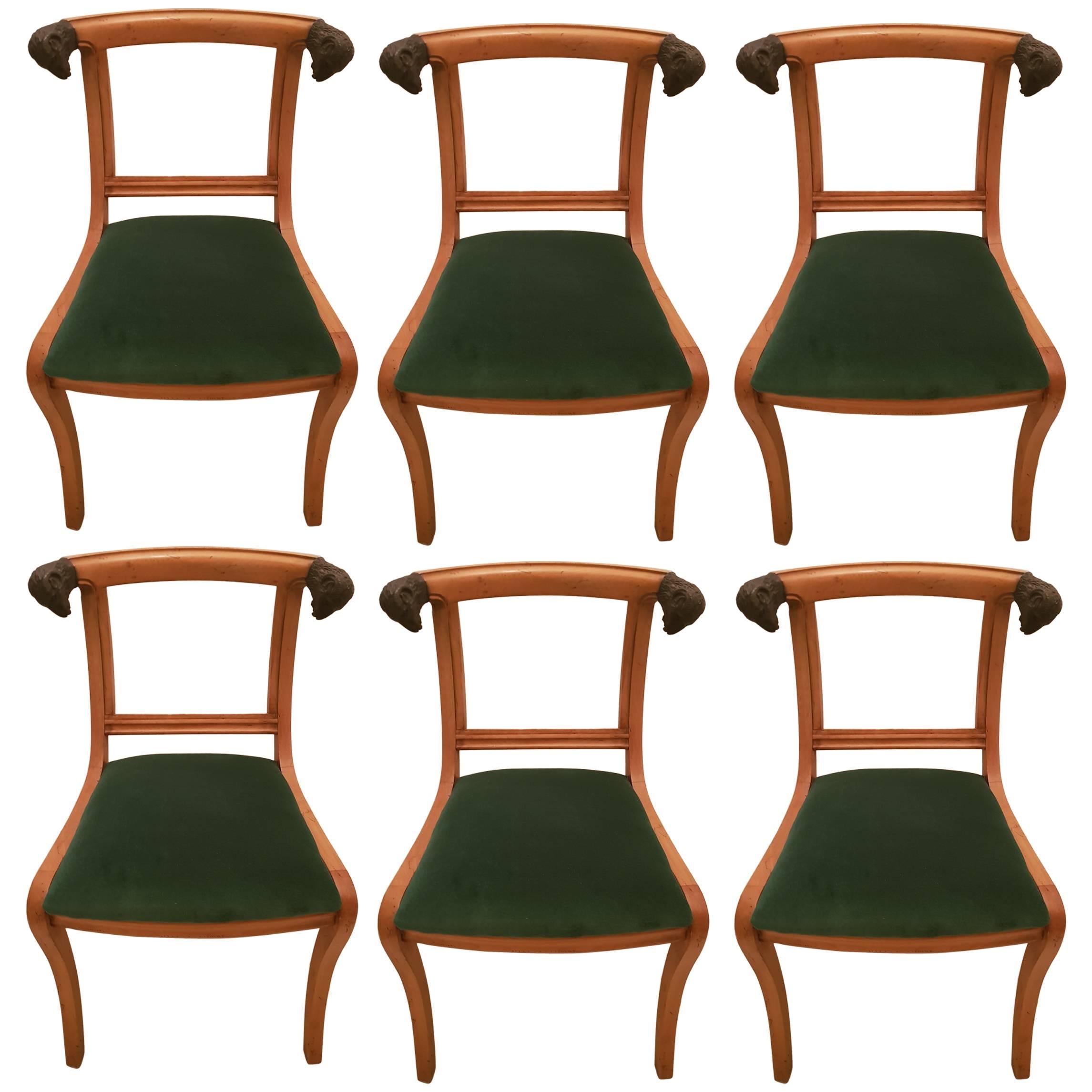 1970's  wooden French Ram's Head Chairs with new velvet green upholstery For Sale