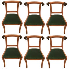 1970's  wooden French Ram's Head Chairs with new velvet green upholstery