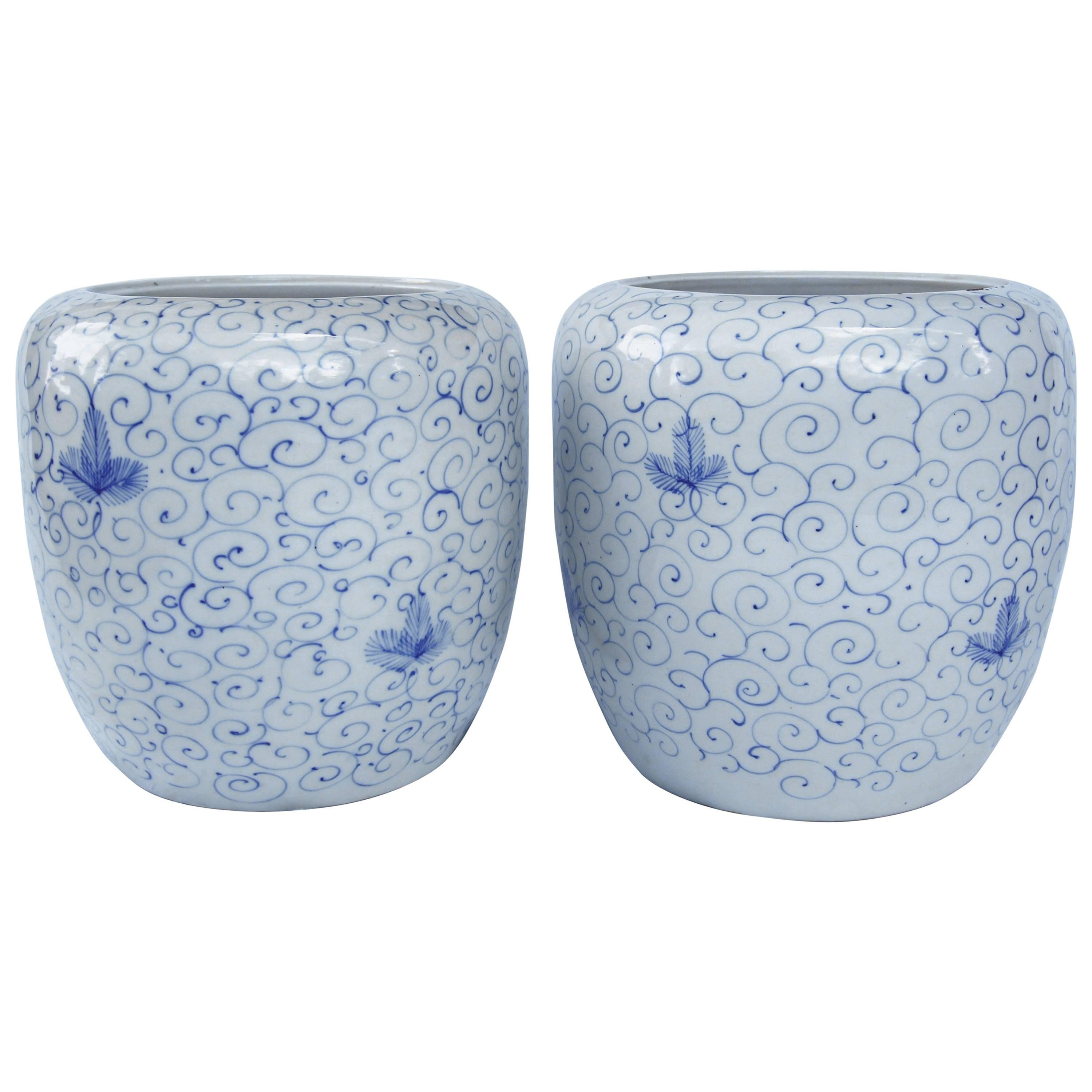 Pair of Chinese Blue and White Ceramic Planters