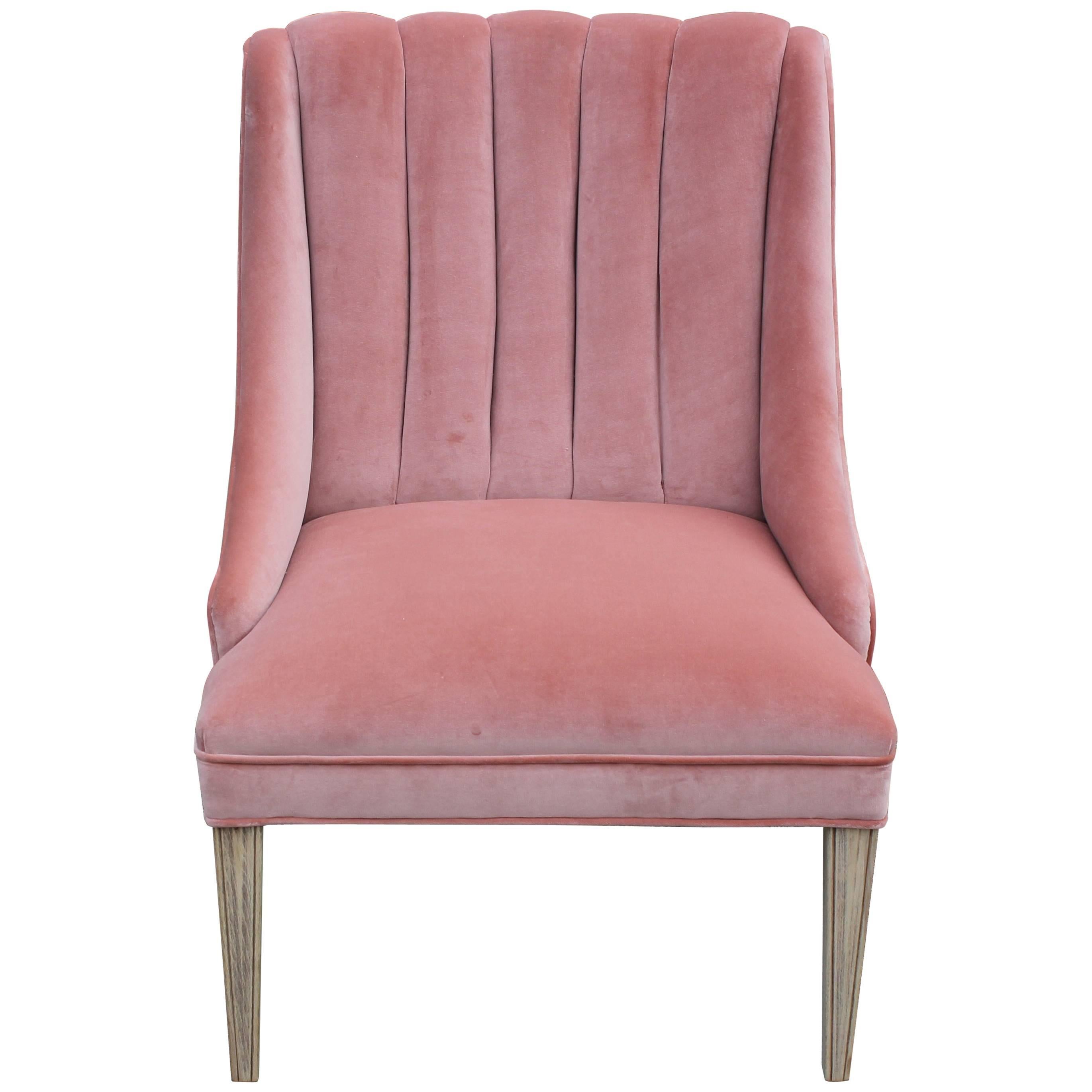 Modern Pink Velvet and Bleached Wood Dunbar Style Channeled Lounge Chair