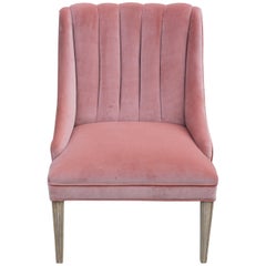 Modern Pink Velvet and Bleached Wood Dunbar Style Channeled Lounge Chair Modern Pink Velvet and Bleached Wood Dunbar Style Channeled Lounge Chair