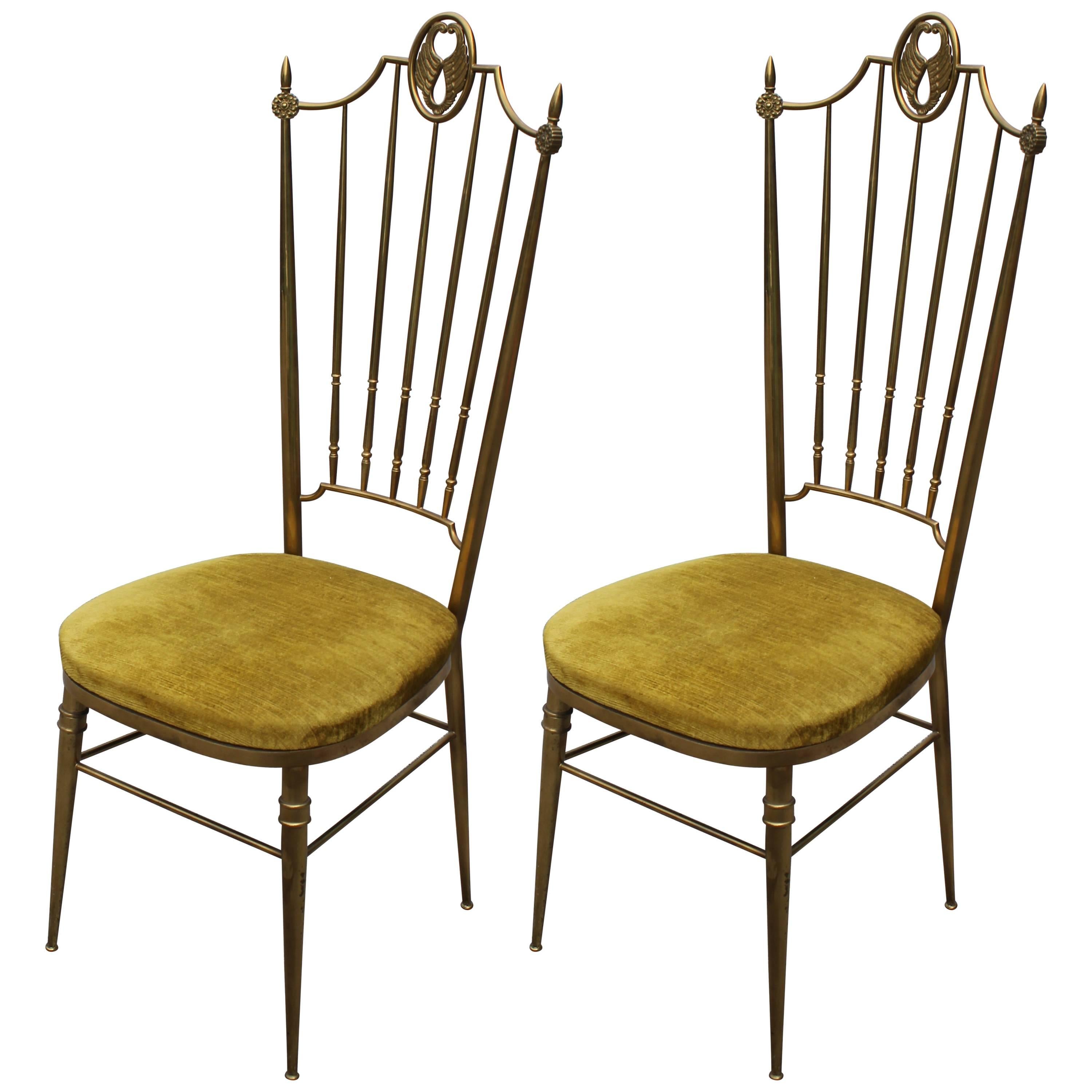 Pair of Italian Ponti Style Hollywood Regency Brass and Yellow Velvet Chairs