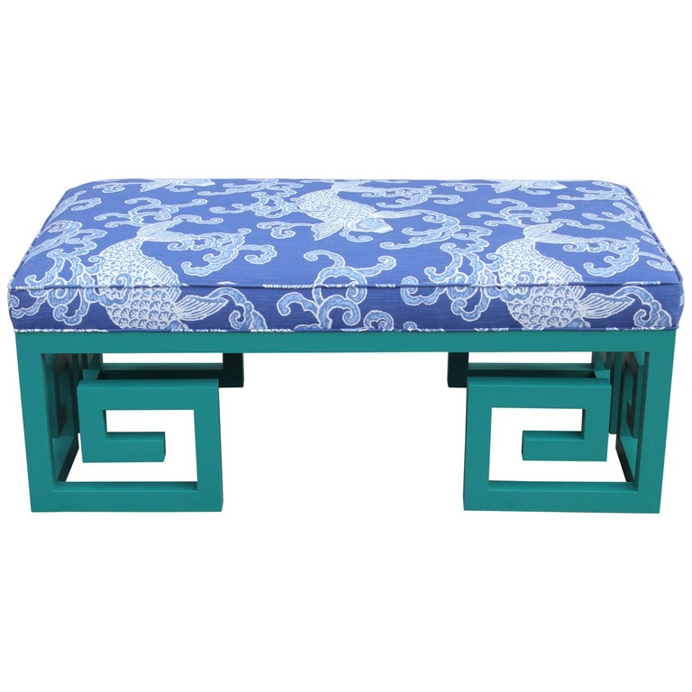 Custom Teal Blue Greek Key Bench With Koi Fish Fabric For At 1stdibs - Blue Greek Key Coffee Table Custom Teal Blue Greek Key Bench With Koi Fish Fabric For At 1stdibs - Blue Greek Key Coffee Table