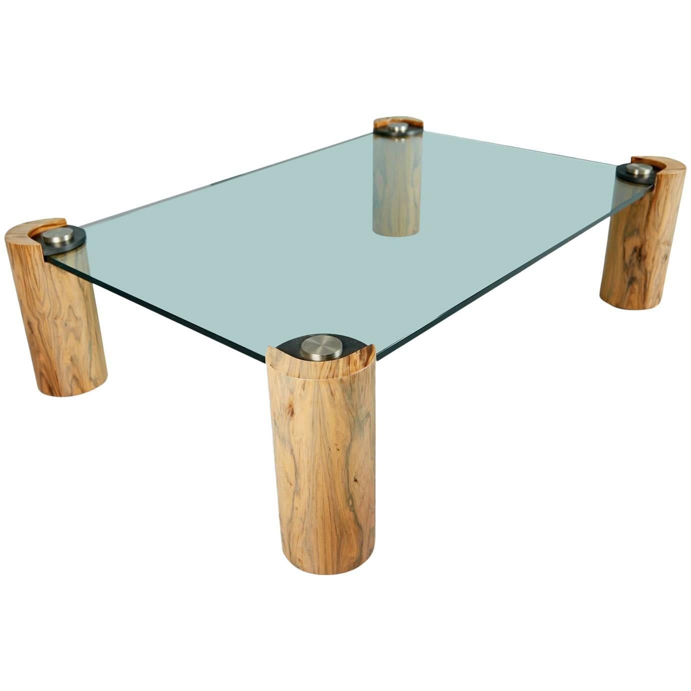 Karl Springer Macassar Wood, Bronze, Chrome and Glass Coffee Table