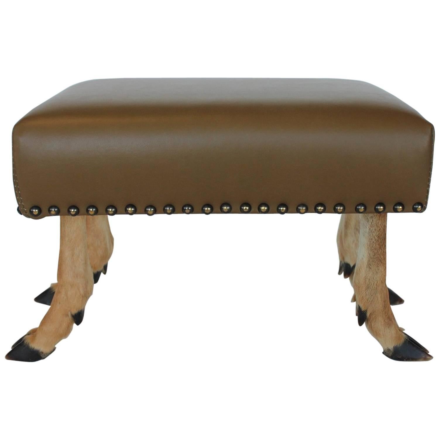 Antique Leather and Deer Hoof Footstool For Sale