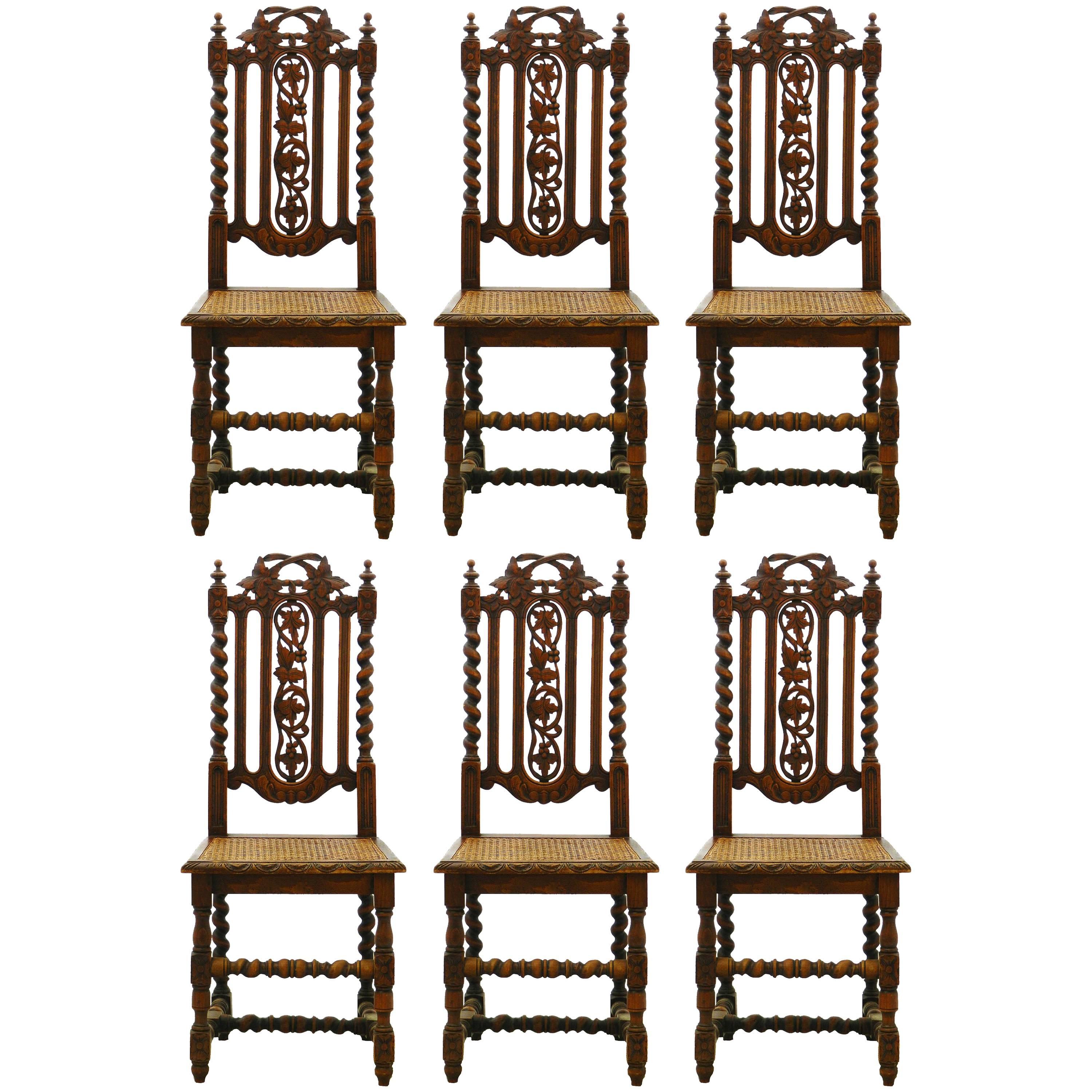 Six Dining Chairs French 19th Century Louis XIII Carved Oak Carolean Caned Seats