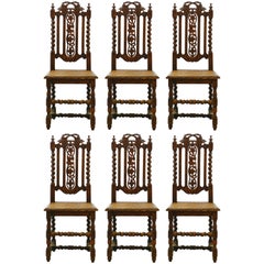 Antique Six Dining Chairs French 19th Century Louis XIII Carved Oak Carolean Caned Seats