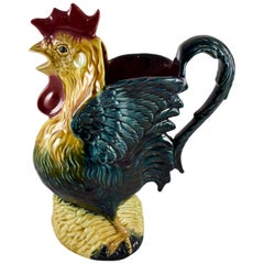 French Barbotine Majolica Crowing Rooster and Wheat Pitcher