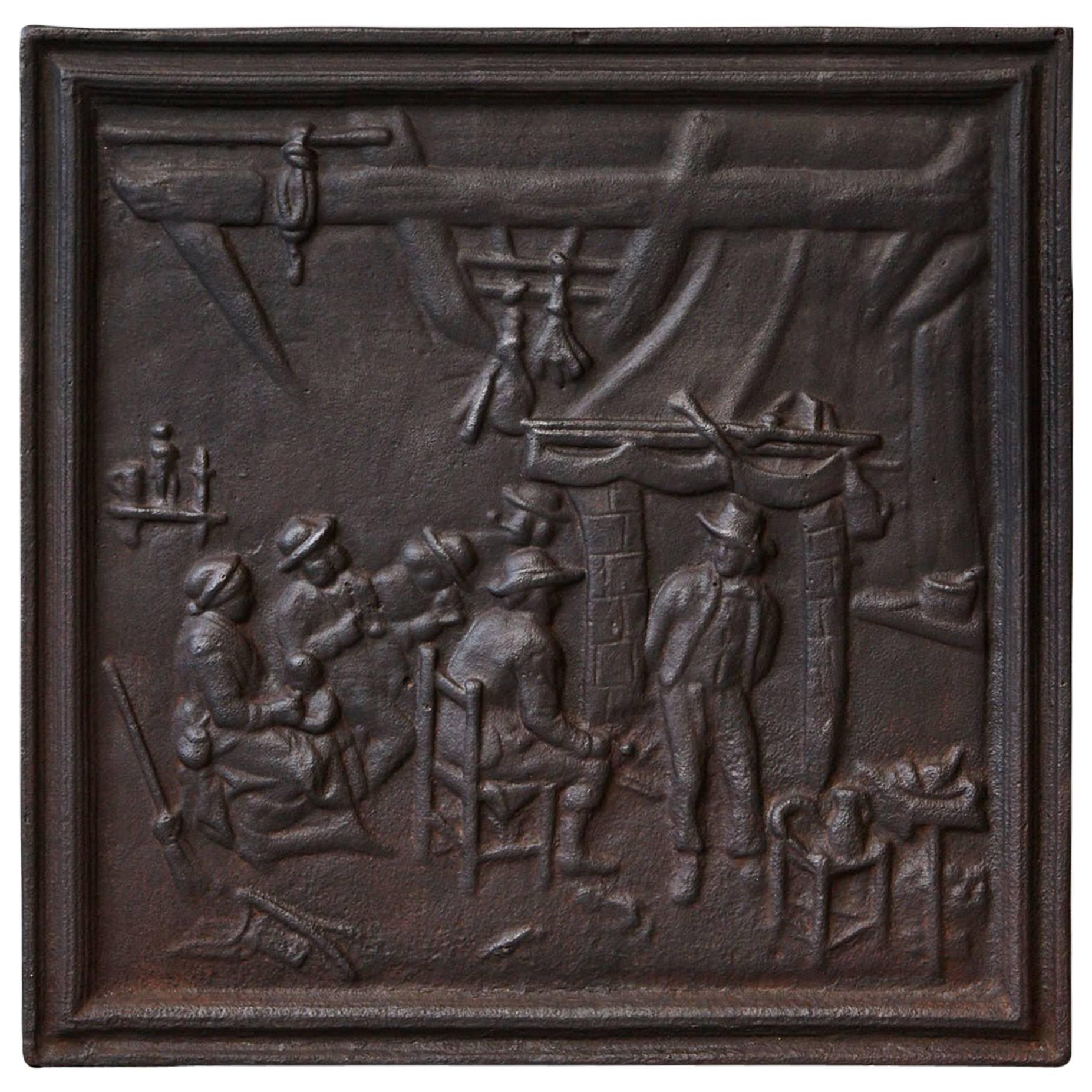 19th Century Black Iron Fireback Depicting a Scene in a Home