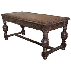Antique English Hand-Carved with Faces Library Oak Table