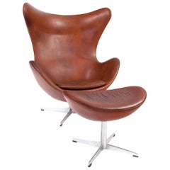 Arne Jacobsen Egg Chair with Ottoman in Patinated Leather