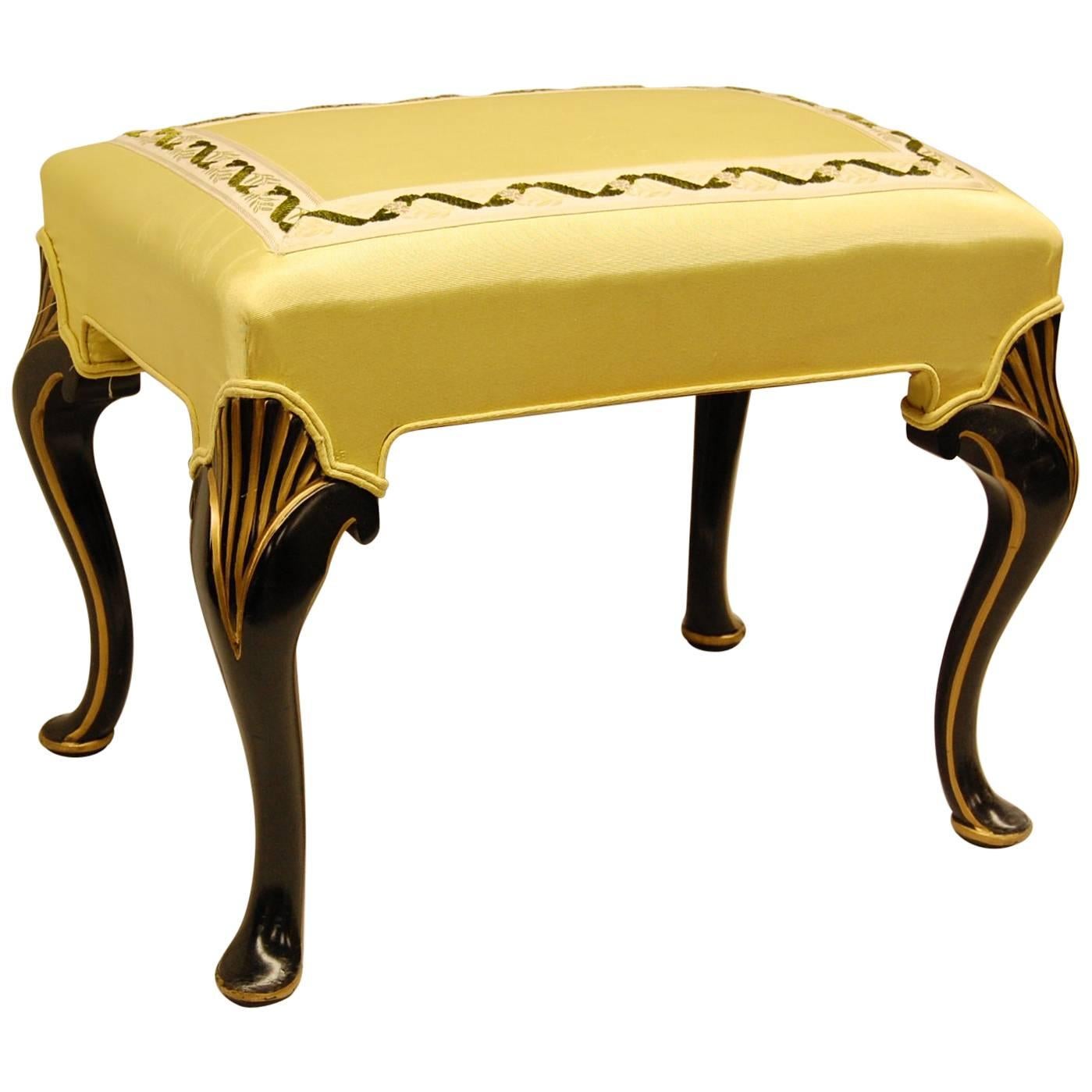 Gold Decorated Black Lacquered Bench Covered in Yellow Moire Fabric For Sale