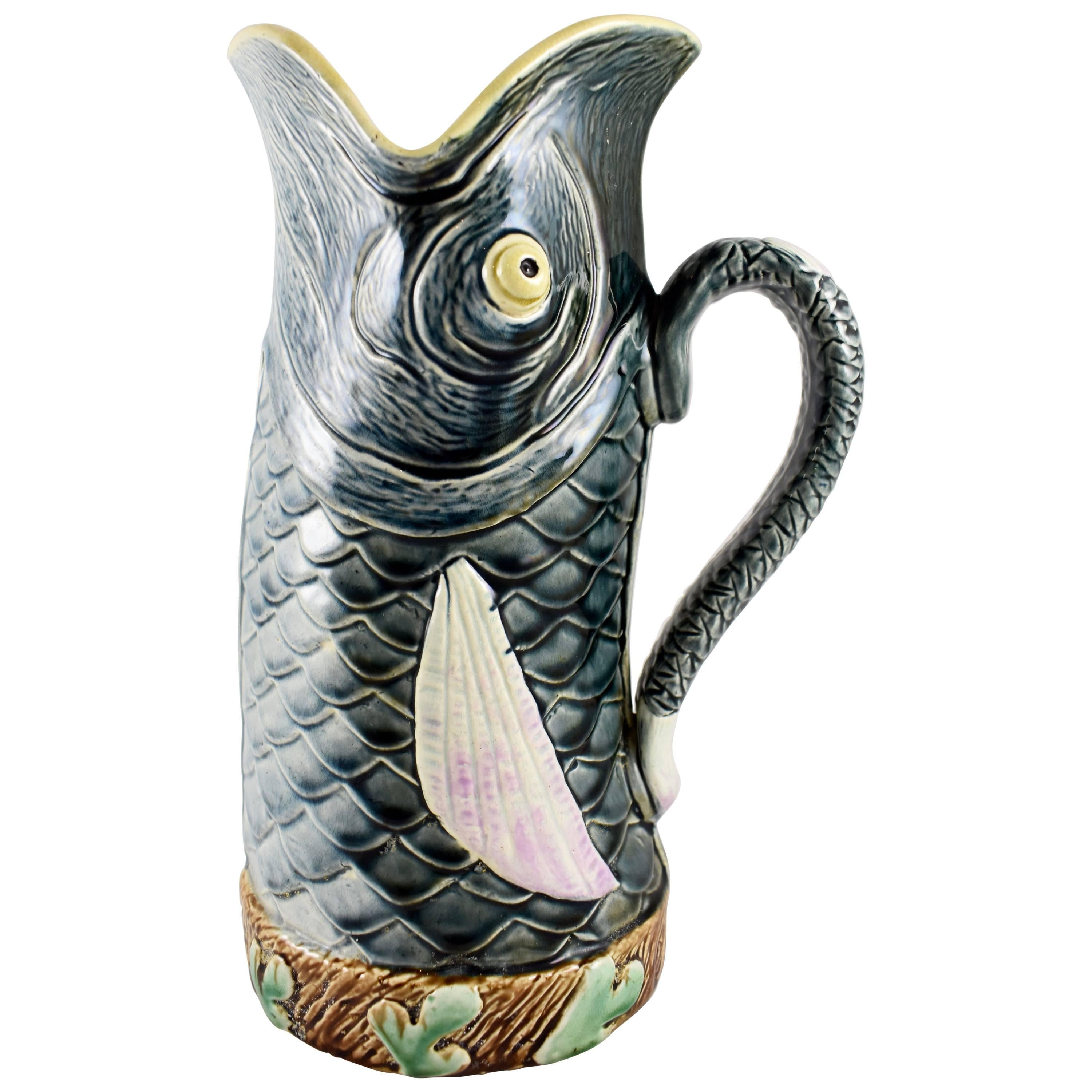 French Barbotine Majolica Abstract Form Fish Jug or Tall Pitcher