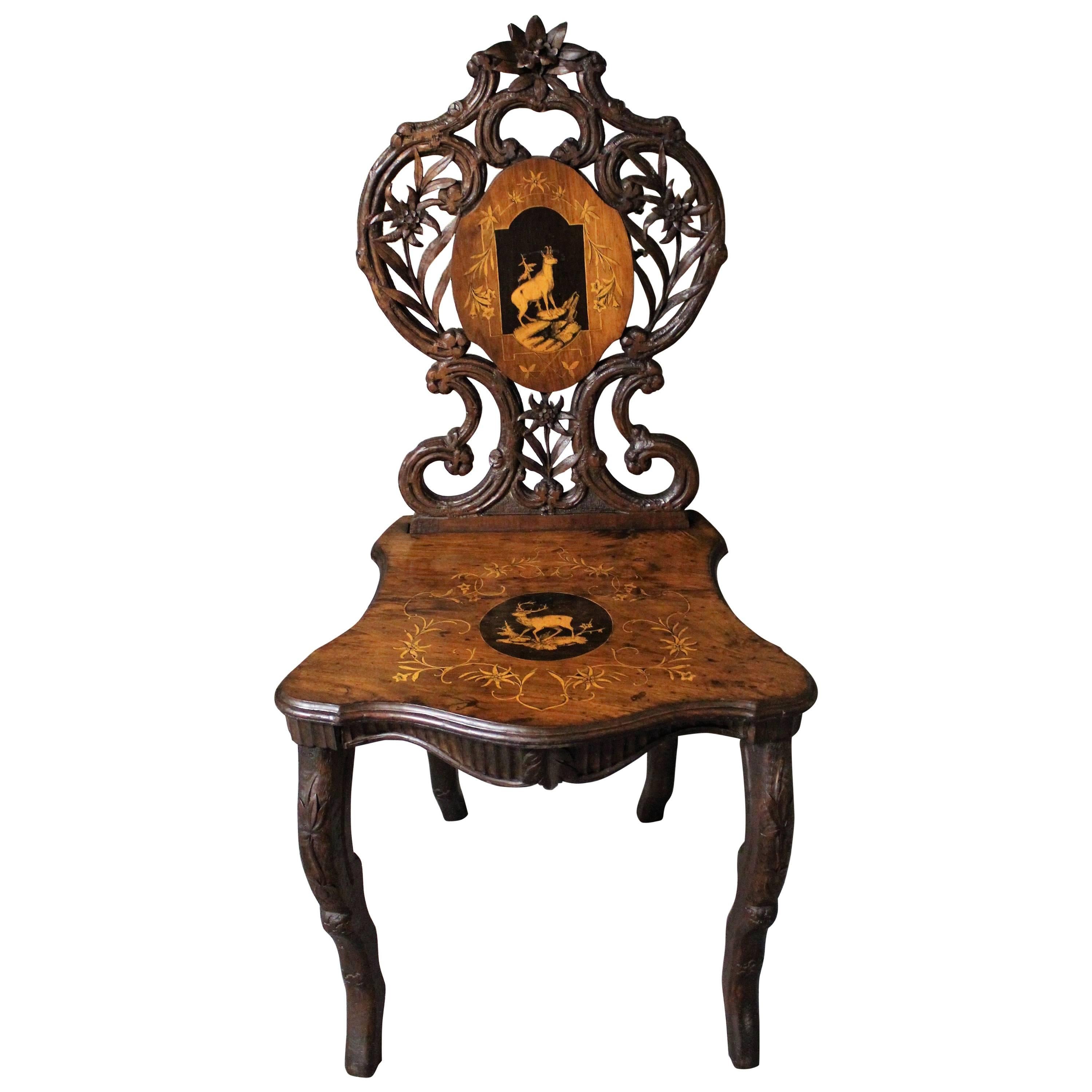 19th Century Black Forest Carved Chair with Inlay