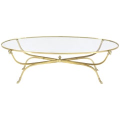 Large Oval Polished Brass Glass Top Coffee Table on Hoof Foot 