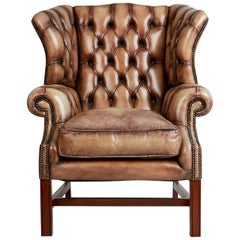 Vintage English Tufted Leather Wingback Library Lounge Armchair