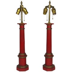 Pair of Vintage Red Painted Carved Wood Column Form Table Lamps