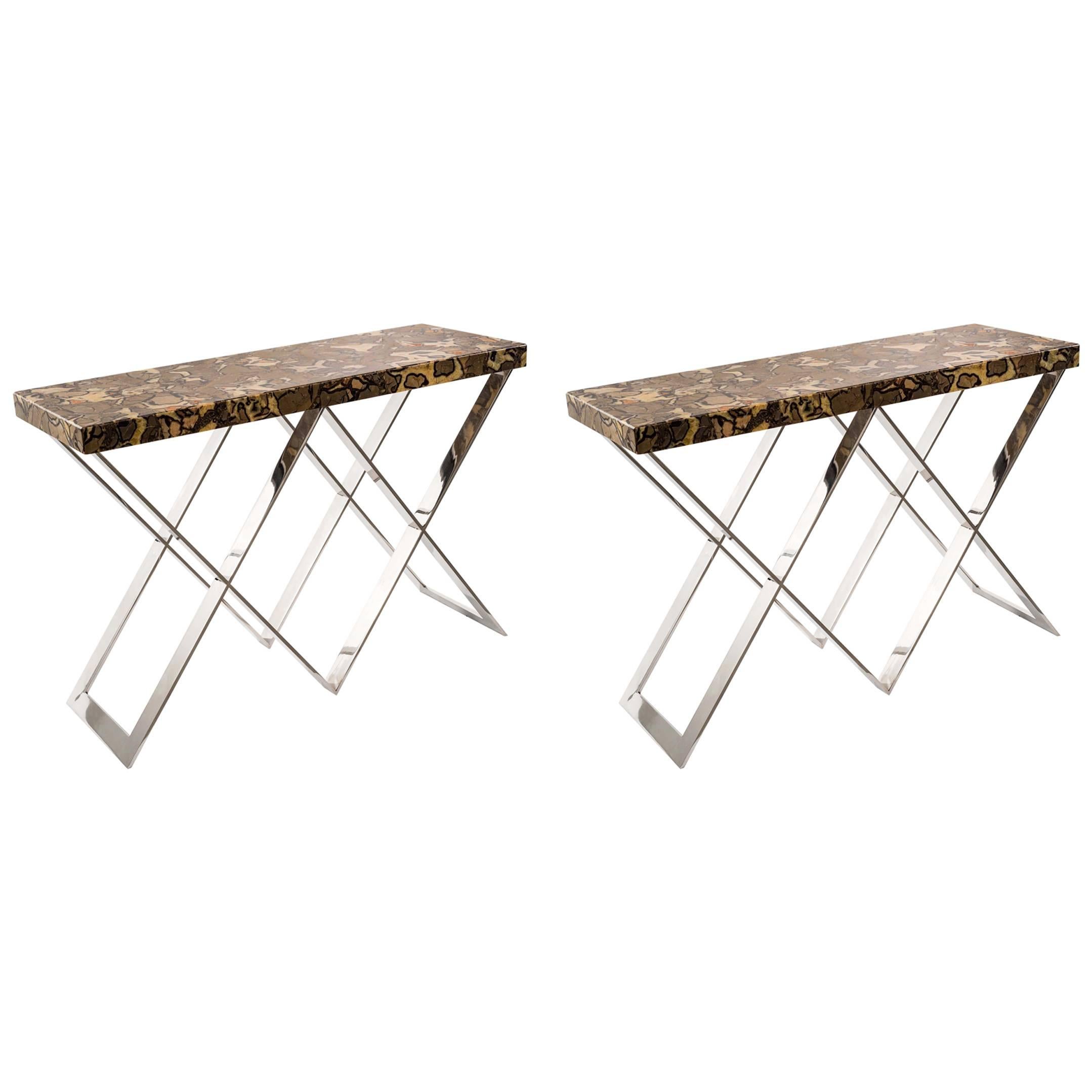  Pair of “Septaria” Marble-Top Console Tables Italian design by Monica Ballesio