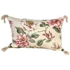 1950s-1960s Vintage English Large-Scale Print Magnolia Cotton Tasseled Pillow