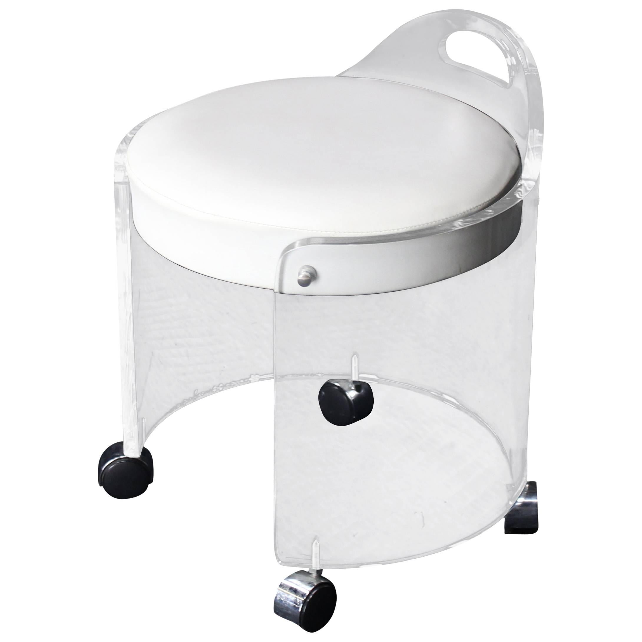 Round Bent Lucite Upholstered Bench Stool on Wheels