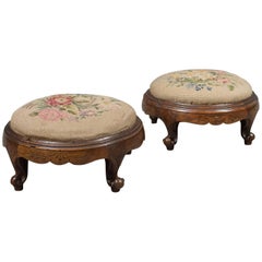 Pair of Antique Foot Stools English Victorian Needlepoint Carriage, circa 1860 