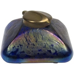 Large Antique Loetz Blue and Gold Iridescent Inkwell